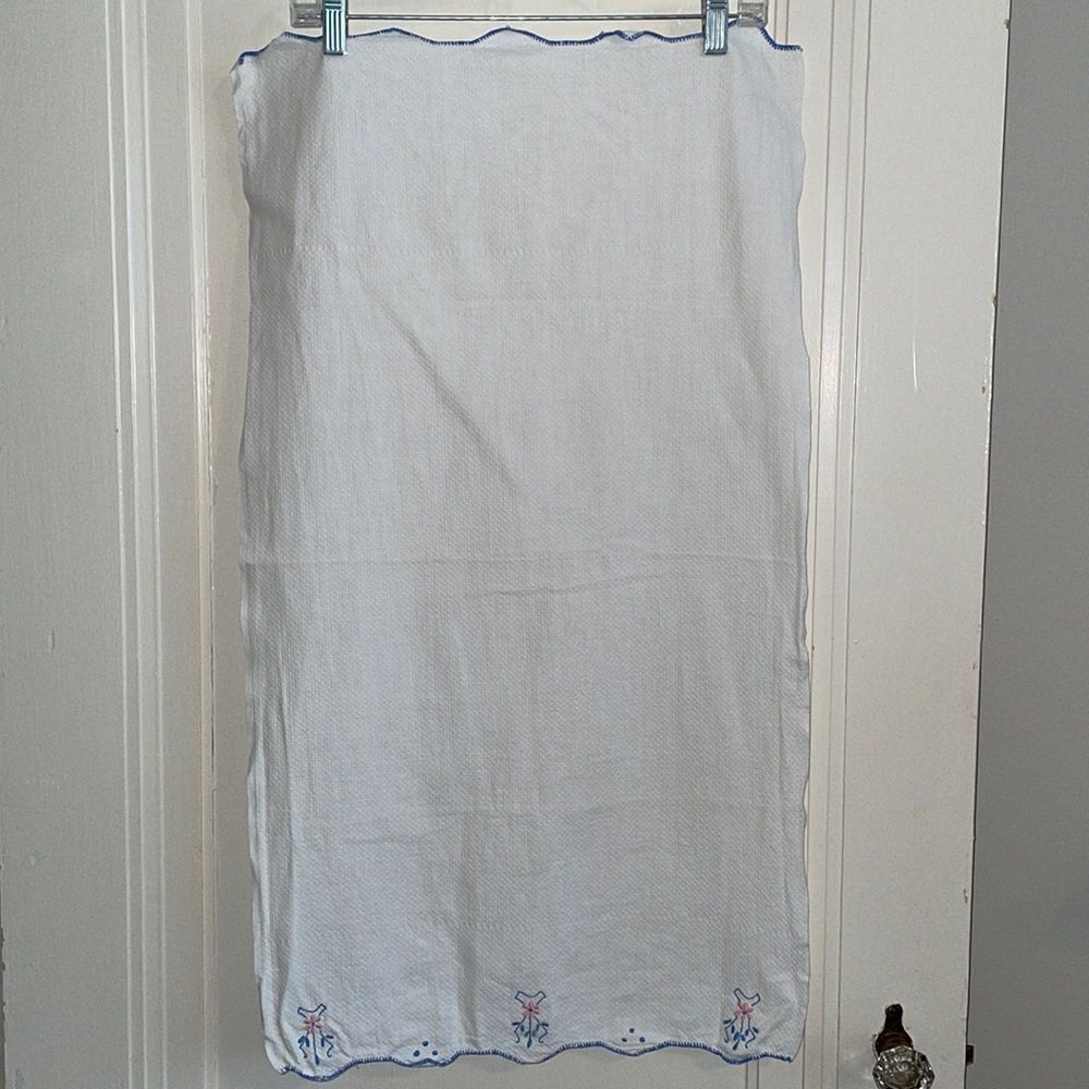 Vintage Large white cotton table runner with blue & pink embroidery